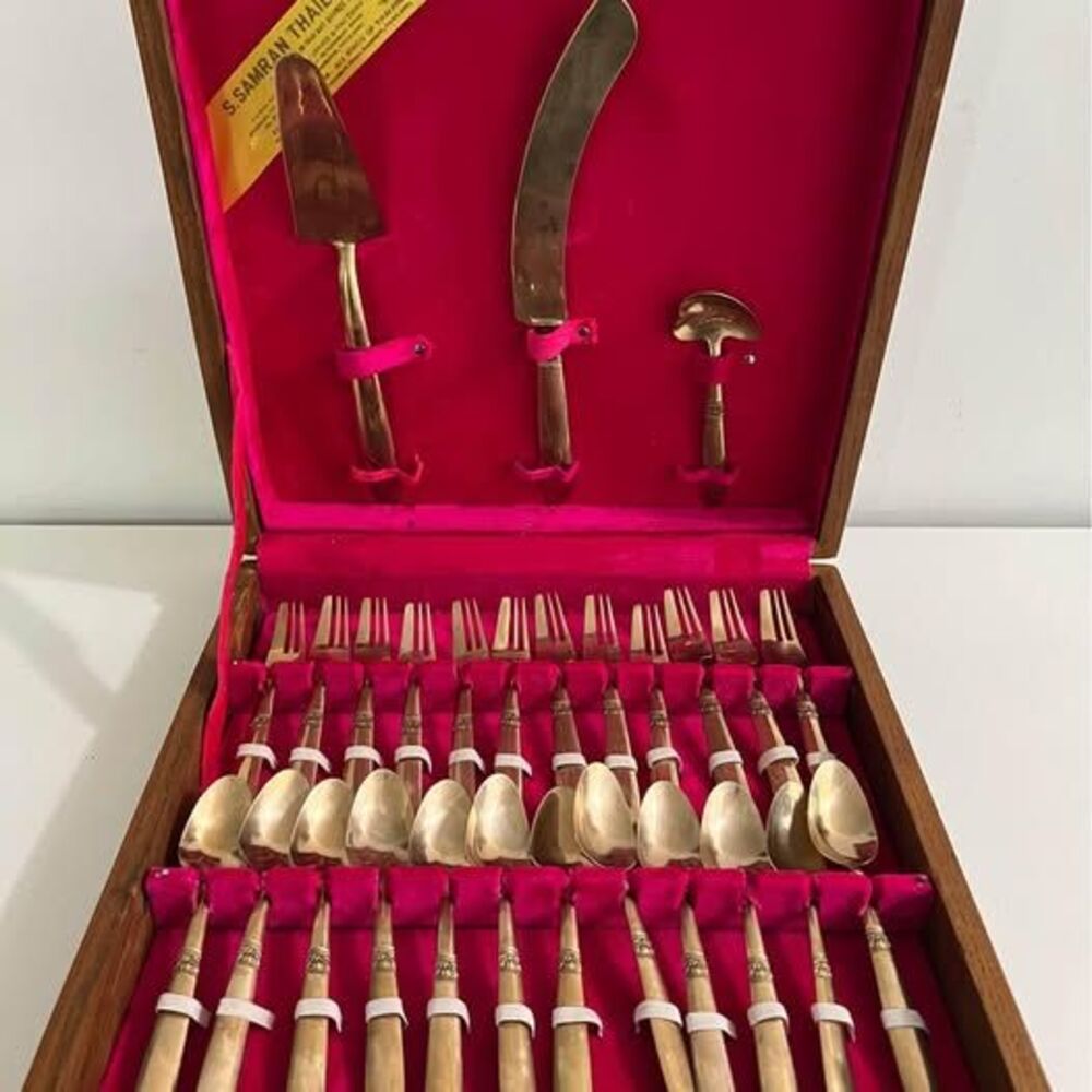 Vintage 27 Pcs Bronze Dessert Flatware Set Brief Case by S. Samran Thailand Co.